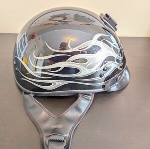 Glossy Black Motorcycle Half Helmet with Silver Flame Design